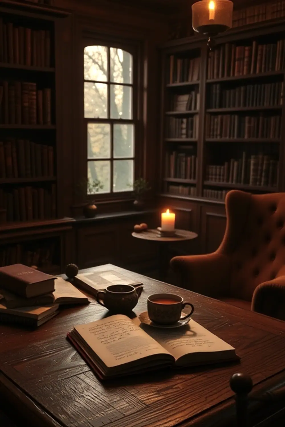 Cozy Autumn Study: Warm Candlelit Desk - ai prompt image generator example