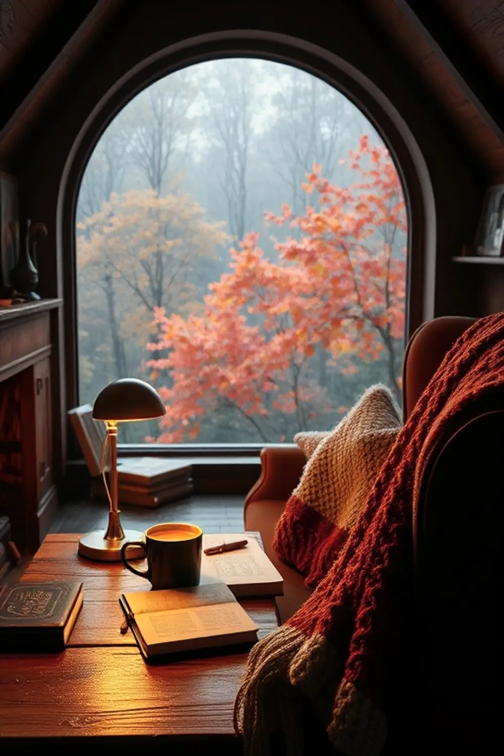 Rainy Autumn Study Nook: Cozy Hygge Vibes - ai prompt image generator example