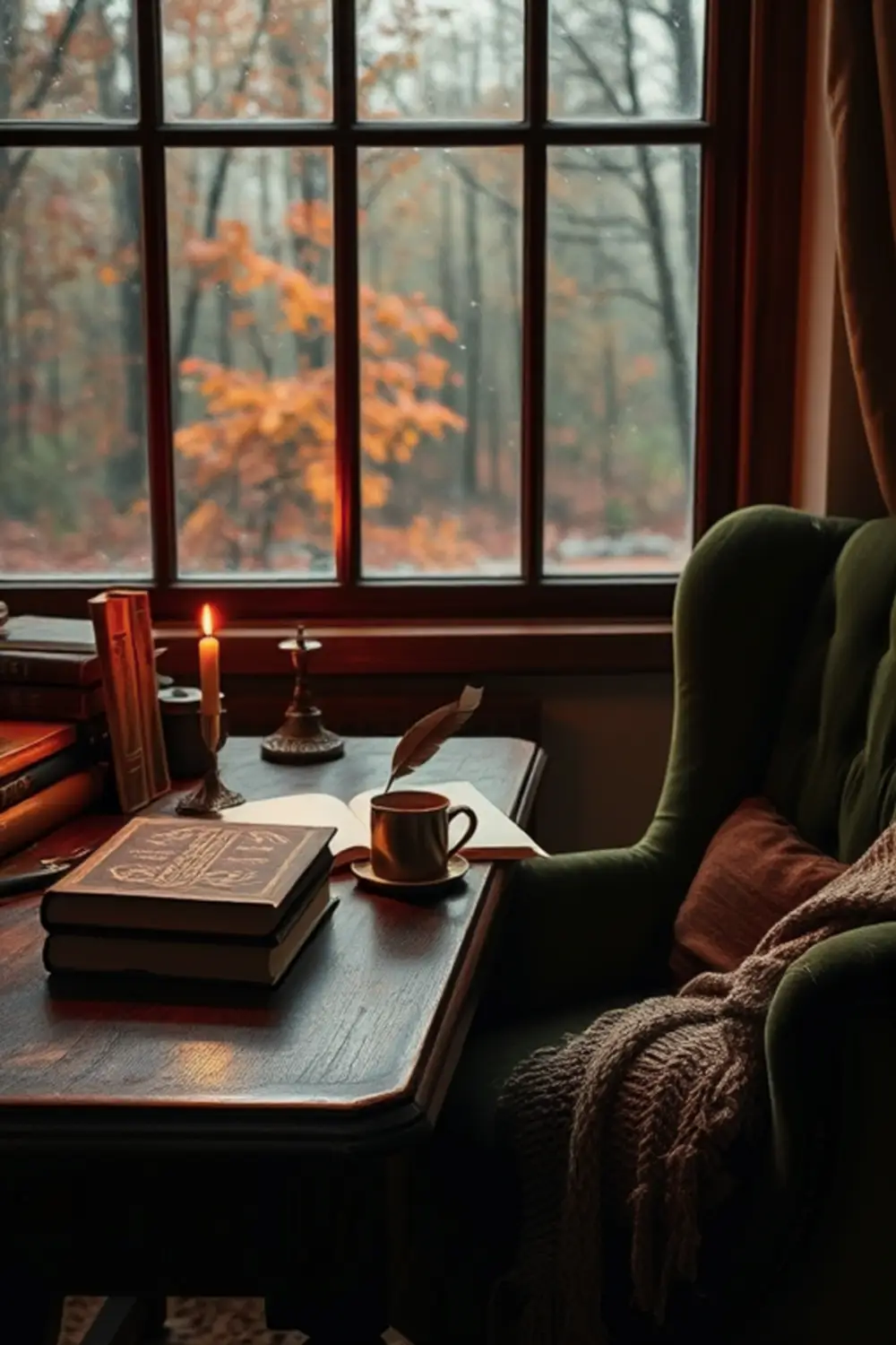 Cozy Autumn Study: Whispered Tales of Amber & Rain - ai prompt image generator example