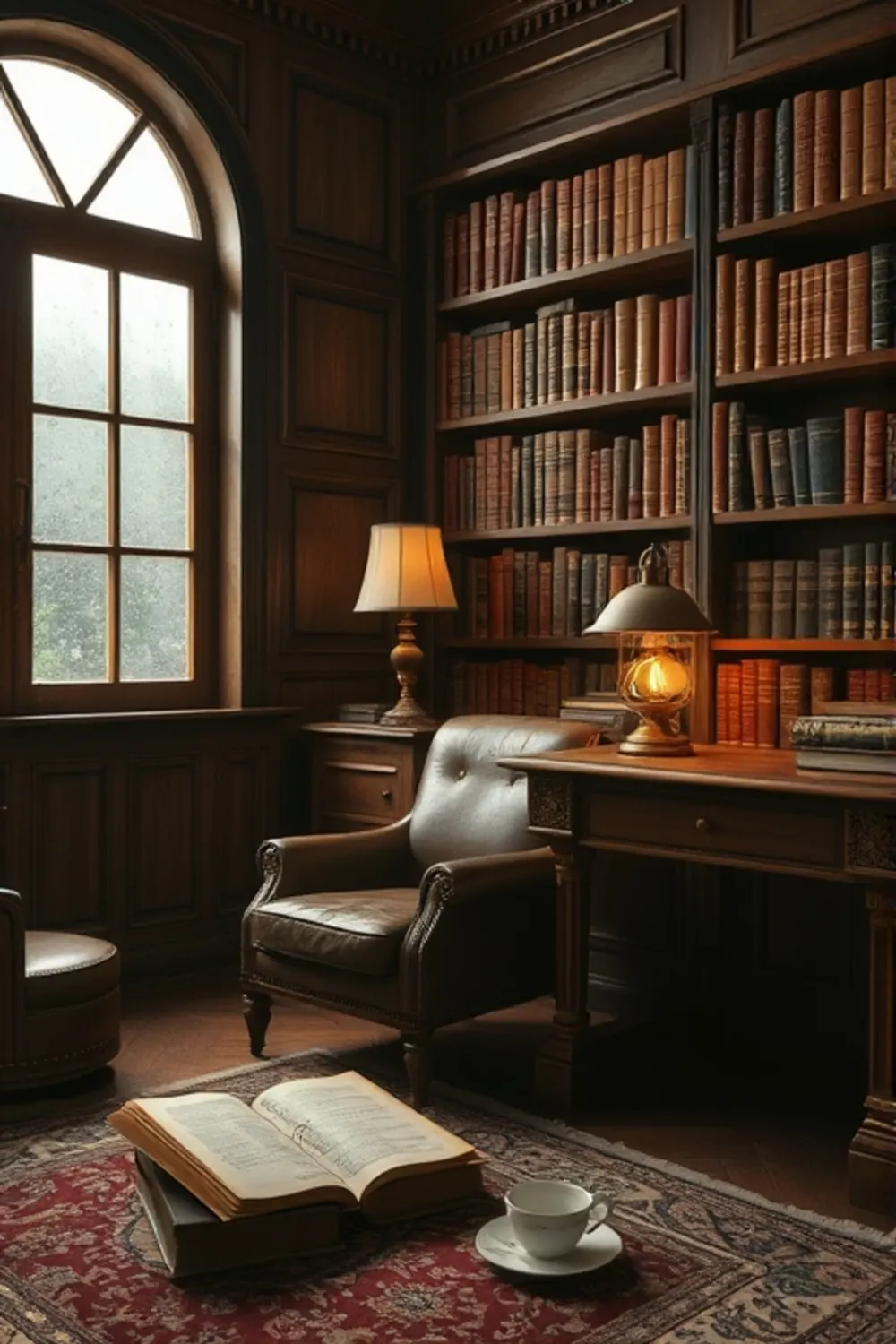 Cozy Vintage Library: Rainy Window Nook - ai prompt image generator example